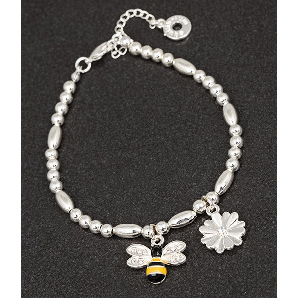 Hand painted Bee Flower Silver Plated Charm Bracelet