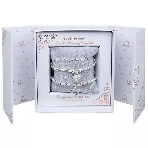 Three silver plated stacking heart bracelets