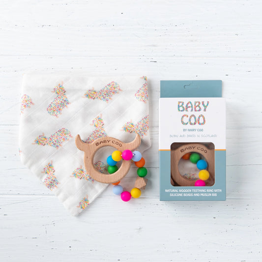 Highland Cow teething ring with silicone beads & muslin bib by Hairy Coo