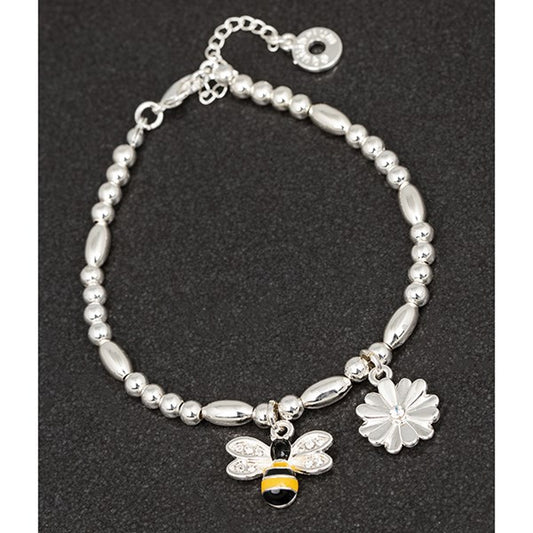 Hand painted Bee Flower Silver Plated Charm Bracelet