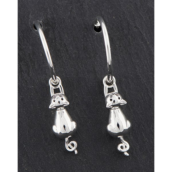 Hanging Cat Silver Plated Earrings