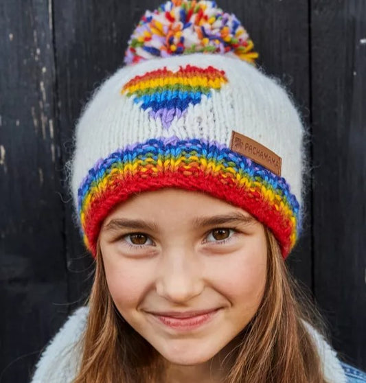 Kids Rainbow Heart Bobble Beanie by Pachamama