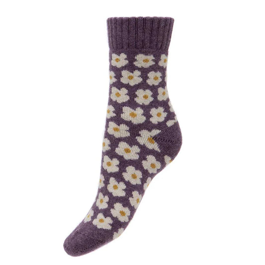 Thick purple daisy design wool blend socks
